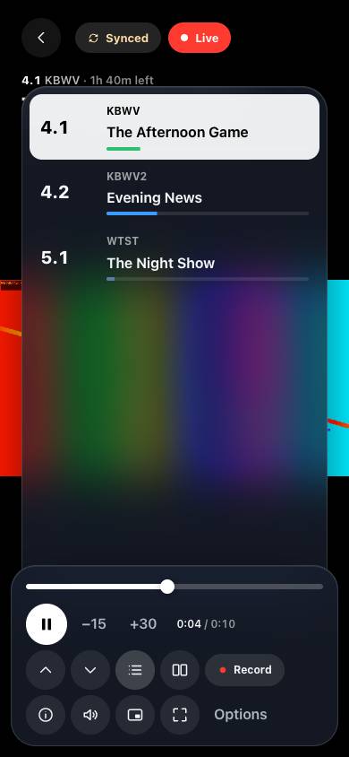 Live TV on a phone, with the channel list